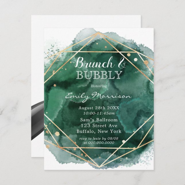 Grönt och Guld vattenfärgsBrunch och Bubly Inbjudningar (Fram/baksida)