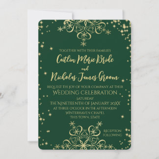 Grönt och Guld Winter Wedding Snöflingor Invita Inbjudningar