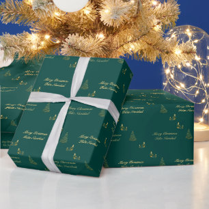 Grönt och gulden jul Bilingual Feliz Navidad Presentpapper