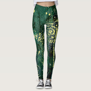 Grönt och Gult Abstrakt Grunge Mönster Leggings