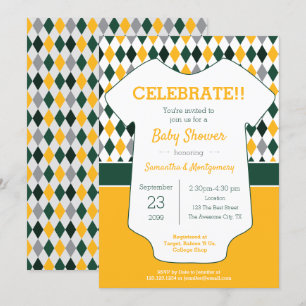 Grönt och Gult Argyle Patterned Baby Shower Inbjudningar