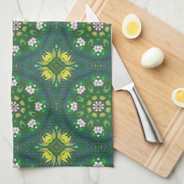 Grönt och gult blommigt  kökshandduk (Vikt i Fjärdedel)