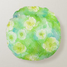 Grönt och Gult Blommigt med mjuk vattenfärg Rund Kudde