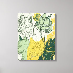 Grönt och Gult ’Boho Cats’ Abstrakt Vector Canvastryck