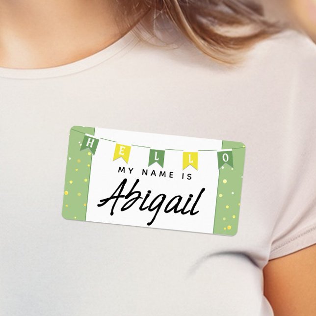 Grönt och Gult Cute Hej Min Namn är fästare Fraktsedel (Fun Children's Party / Baby Shower Green and Yellow Bunting Banner Name Tags)
