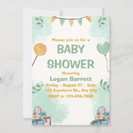 Grönt och Gult Illustrative Cute Baby Shower Inbjudningar