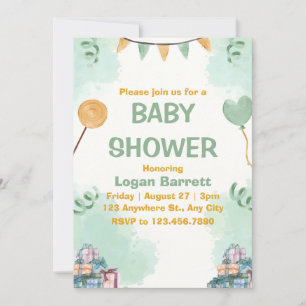 Grönt och Gult Illustrative Cute Baby Shower Inbjudningar