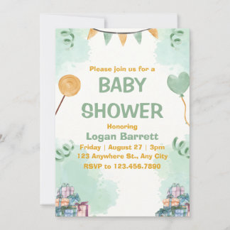 Grönt och Gult Illustrative Cute Baby Shower Inbjudningar