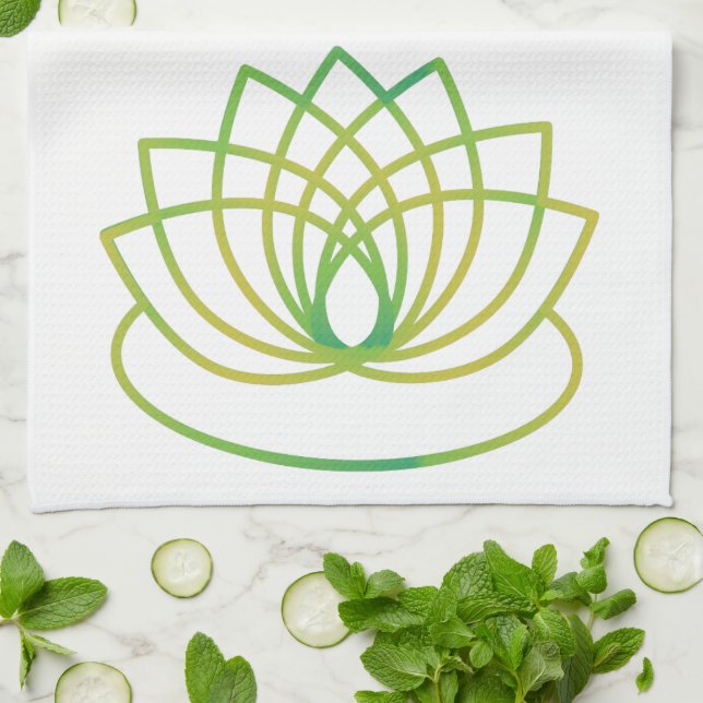Grönt och Gult Lotus Flower Kökshandduk (Vikta)