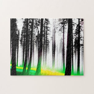 Grönt och Gult Mist går in i Silhouette-skogen Pussel