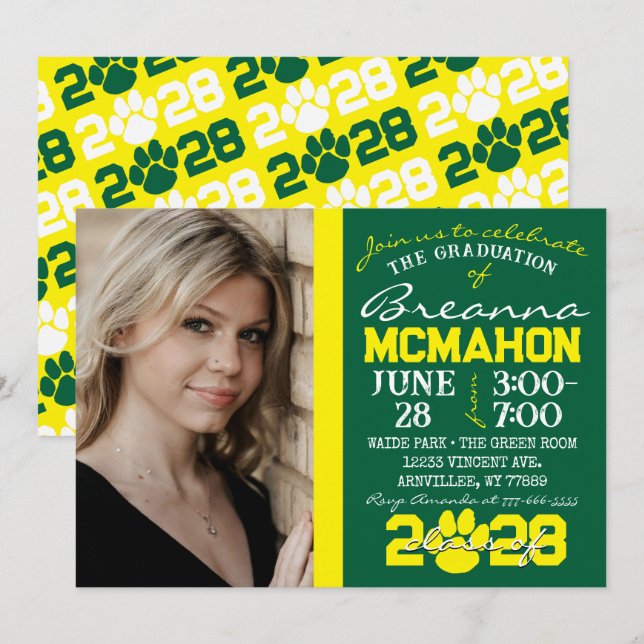 Grönt- och Gult Pawprint Studenten Photo Inbjudningar (Fram/baksida)