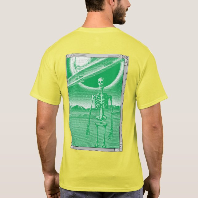 Grönt och Gult Retro Sci-fi Pixel Art Skeleton T Shirt (Baksida)