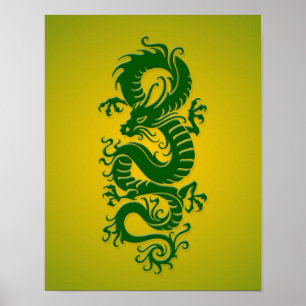 Grönt och Gult Tribal Chinese Dragon Poster