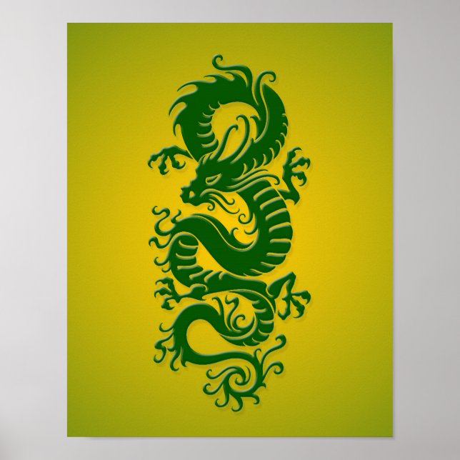 Grönt och Gult Tribal Chinese Dragon Poster (Framsidan)