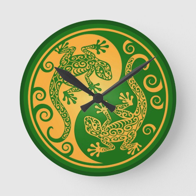 Grönt och Gult Yin Yang Geckos Rund Klocka (Framsida)