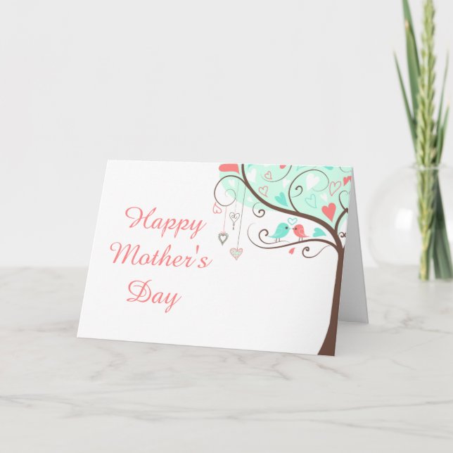 Grönt och korallfärgat blommande fågel mors dag kort (Framsida)