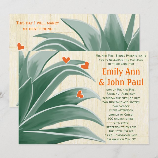 Grönt och korallisk, modern, uskulär Bröllop Inbjudningar (Fram/baksida)