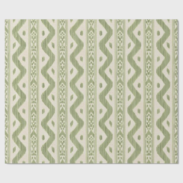 Grönt och krämfärgat ikat-inslagspapper, vävd rand presentpapper (Platt)