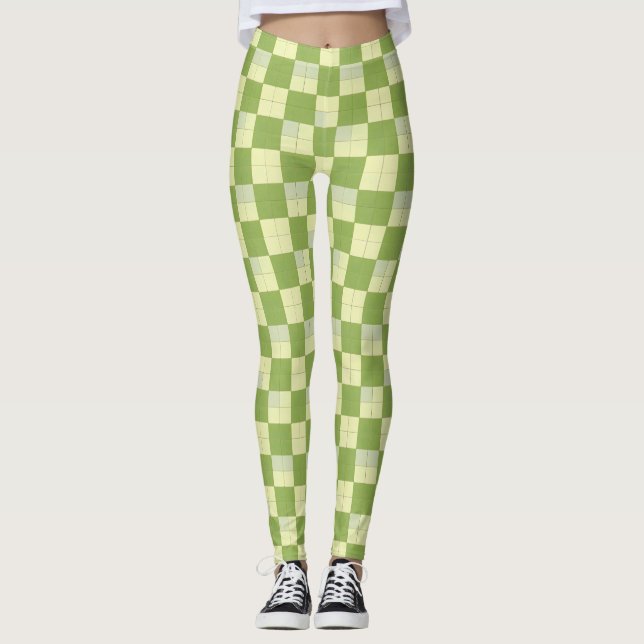 Grönt och krämfärgat rutigt kakel mönster leggings (Framsida)