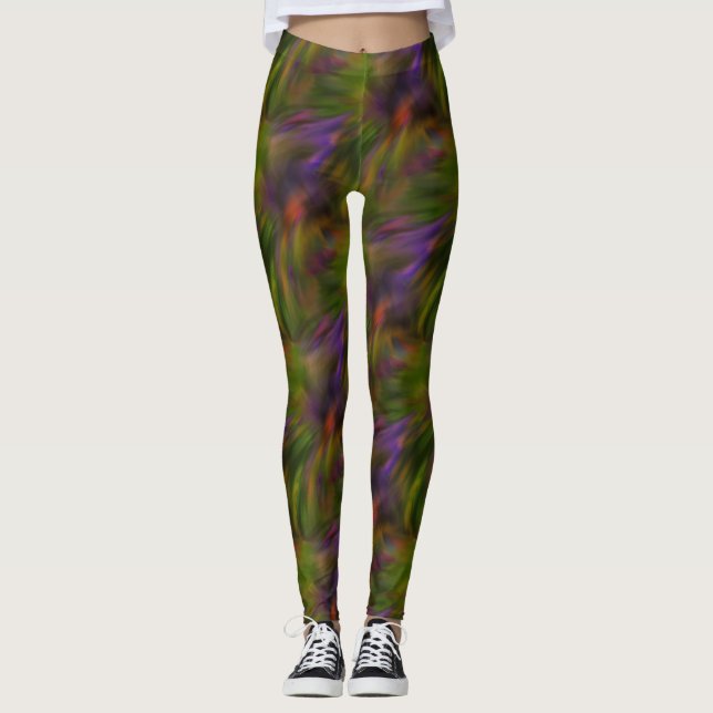 Grönt och Lila Abstrakt Art Mönster Leggings (Framsida)
