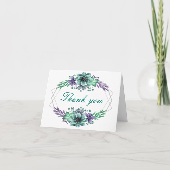 Grönt Och Lila Akvarell Blommig Tacksamhetskort Tack Kort (Framsida)