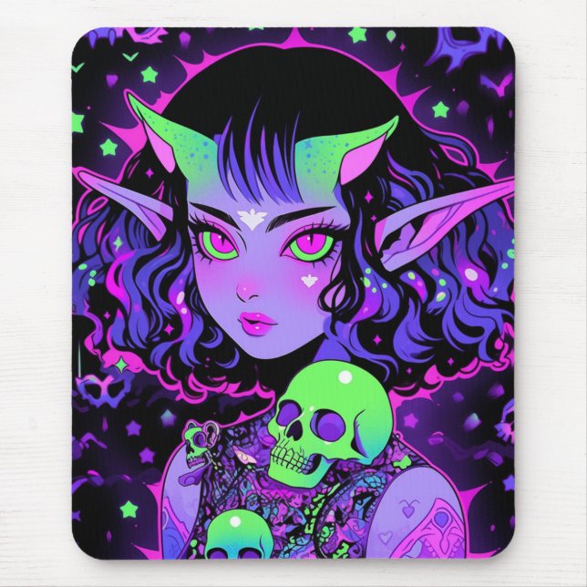 Grönt och Lila Alien Elf Anime Girl Musmatta (Framsidan)