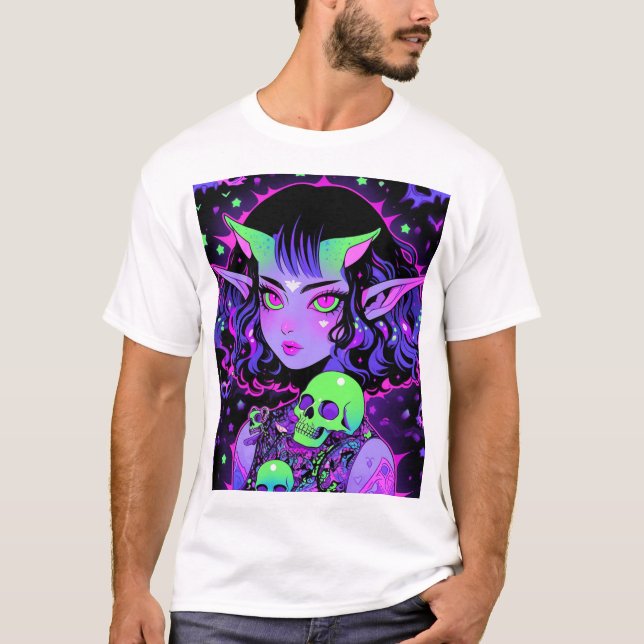 Grönt och Lila Alien Elf Anime Girl T Shirt (Framsida)