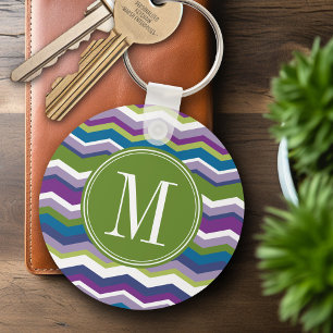 Grönt och Lila Chevron Mönster med Monogram Nyckelring