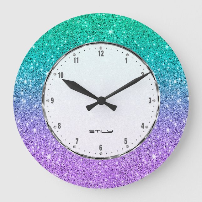 Grönt och lila faux glitter stor klocka (Framsida)