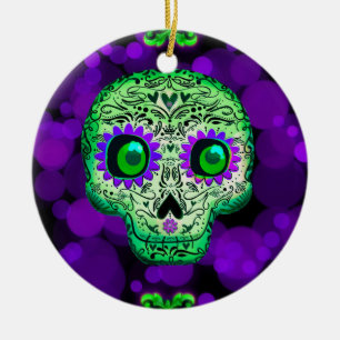 Grönt och Lila Glowing Sugar Skull Halloween Julgransprydnad Keramik