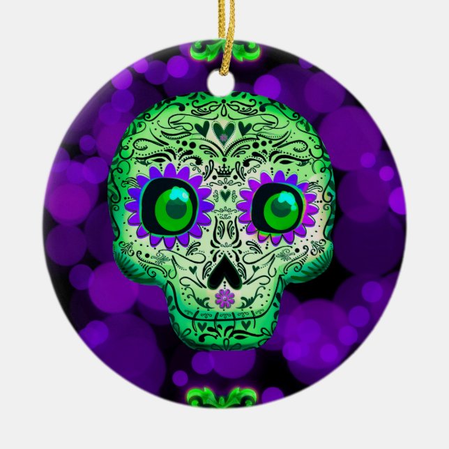 Grönt och Lila Glowing Sugar Skull Halloween Julgransprydnad Keramik (Framsidan)