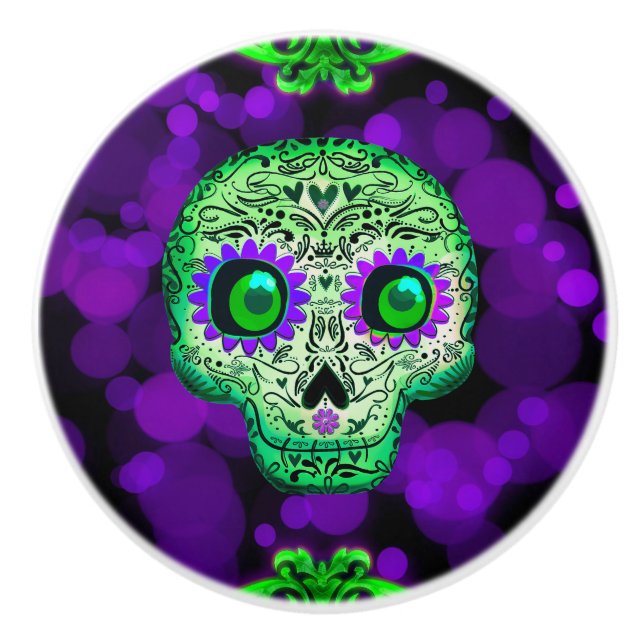 Grönt och Lila Glowing Sugar Skull Halloween Knopp (Framsidan)