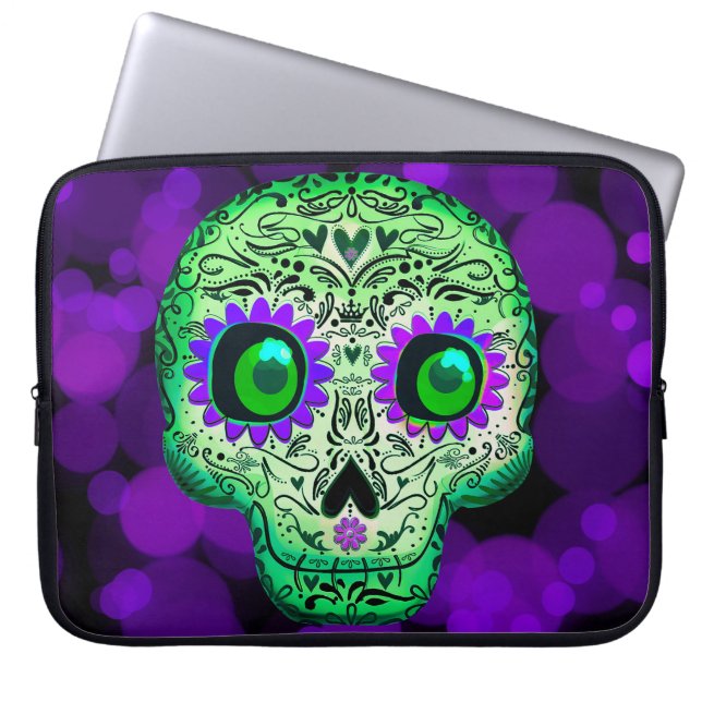 Grönt och Lila Glowing Sugar Skull Halloween Laptop Fodral (Framsidan)