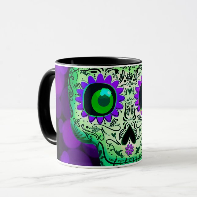 Grönt och Lila Glowing Sugar Skull Halloween Mugg (Framsida vänster)