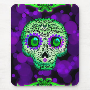 Grönt och Lila Glowing Sugar Skull Halloween Musmatta