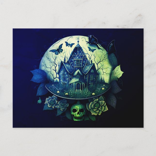Grönt och Lila Gothic Haunted House Helg Vykort (Framsida)
