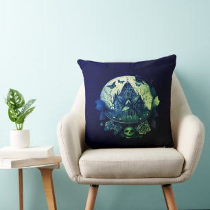 Grönt och Lila Gothic Haunted House Kudde