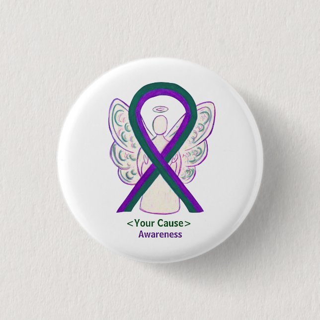 Grönt och Lila Medvetenhet Ribbon Angel Pin Button Knapp (Framsida)