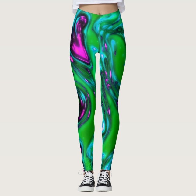Grönt och Lila Neon Abstrakt Art Leging Leggings (Framsida)