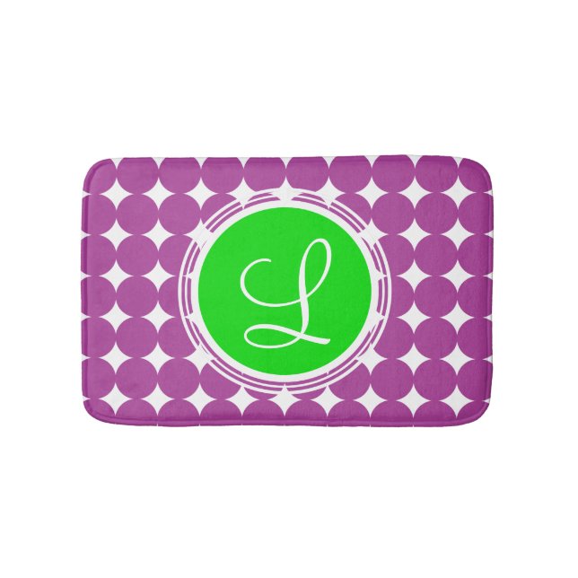 Grönt och Lila Polka Dot Monogram Badrumsmatta (Framsidan)
