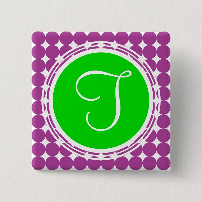 Grönt och Lila Polka Dot Monogram Knapp (Framsida)