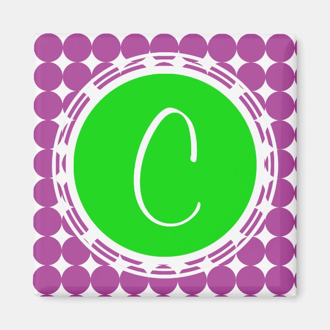 Grönt och Lila Polka Dot Monogram Magnet (Framsidan)