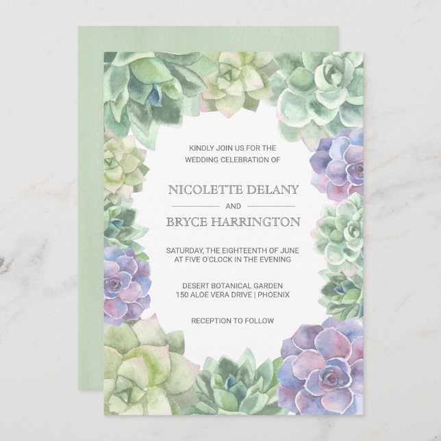 Grönt och Lila Succulents Gräns Bröllop Inbjudningar (Fram/baksida)