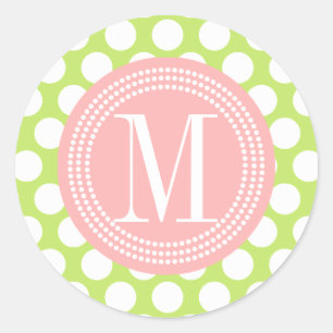 Grönt och Ljus rosa stor Polka dots monogrammad Runt Klistermärke