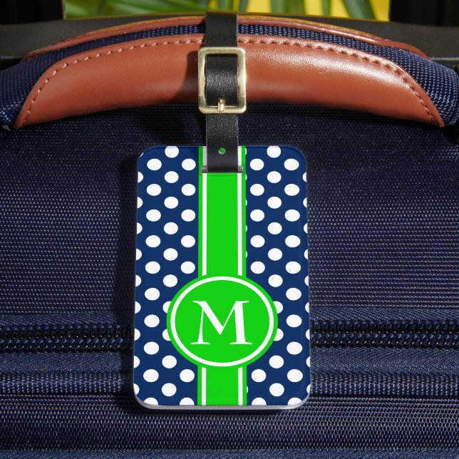 Grönt och marinblått prickigt monogram bagagebricka (Framsida Insitu 2)
