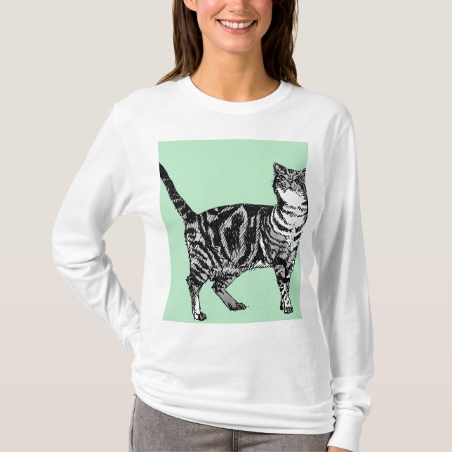 Grönt och mynta Tabby katt-kattkonst Långärmad öve T Shirt (Framsida)