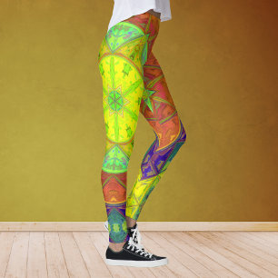 Grönt och Orange av mosaik Kaleidoskop Flower Gult Leggings