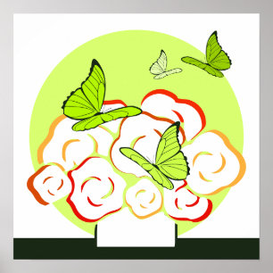 Grönt och Orange Bouquet & Butterflies Square Poster