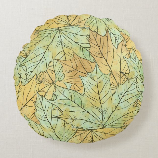 GRÖNT och ORANGE HÖST LÖV Rund Kudde (Framsidan)
