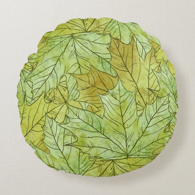 GRÖNT och ORANGE HÖST LÖV Rund Kudde (Framsidan)